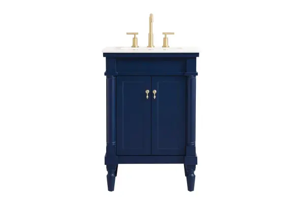 A space-efficient 24-inch vanity that brings traditional elegance to smaller bathrooms. The hand-painted blue finish and natural marble top create a sophisticated look, while soft-close storage keeps essentials organized.