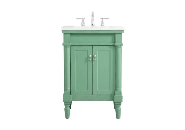 Dimensions
Length: 24"
Width: 21.5"
Height: 35"
Counter Top Length: 24"
Counter Top Width: 21.5"
Counter Top Height: 0.75"
Sink Width: 15.25"
Sink Depth: 11"
Sink Height: 7"
Sink Drain Hole Size: 1.75"
Faucet Hole Spacing: 8"3 Holes"
Specifications
Assembly Required: YES
Base Material: Solid wood and MDF
Counter Top Edge Style: straight
Counter Top Finish: Ivory white
Distressed Finish: Yes
Finish (Color): Vintage Mint
Fixture Material: Solid Wood and MDF
Hardware Finish: Brushed nickel
Harware Material: Aluminum alloy
Number of Faucet Holes: 3
Number of Sinks: 1
Product Shape: Rectangle
Product Type: Bathroom Vanities
Product Warranty: 1 year limited
Sink Mounting Type: Undermount
Vanity Backsplash: NO
Vanity Mounting Type: Free-Standing
Weight: 79
Wire Included: No
Wood Type: birch
Shipment type: Oversized Ground
US Shipping Cost: $120.00
Shelves
Number of Shelves: 1
Shelf Width: 17
Cabinets
Number of Cabinets: 1
Cabinet Interior Width: 17
Cabinet Interior Depth: 16.675
Cabinet Interior Height: 19