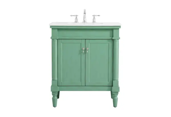 Dimensions
Length: 30"
Width: 21.5"
Height: 35"
Counter Top Length: 30"
Counter Top Width: 21.5"
Counter Top Height: 0.75"
Sink Width: 15.25"
Sink Depth: 11"
Sink Height: 7"
Sink Drain Hole Size: 1.75"
Faucet Hole Spacing: 8"3 Holes"
Specifications
Assembly Required: YES
Base Material: Solid wood and MDF
Counter Top Edge Style: straight
Counter Top Finish: Ivory white
Distressed Finish: Yes
Finish (Color): Vintage Mint
Fixture Material: Solid Wood and MDF
Hardware Finish: Brushed nickel
Harware Material: Aluminum alloy
Number of Faucet Holes: 3
Number of Sinks: 1
Product Shape: Rectangle
Product Type: Bathroom Vanities
Product Warranty: 1 year limited
Sink Mounting Type: Undermount
Vanity Backsplash: NO
Vanity Mounting Type: Free-Standing
Weight: 92
Wire Included: No
Wood Type: birch
Shipment type: Oversized Ground
US Shipping Cost: $142.00
Shelves
Number of Shelves: 1
Shelf Width: 23
Cabinets
Number of Cabinets: 1
Cabinet Interior Width: 23
Cabinet Interior Depth: 15.875
Cabinet Interior Height: 19