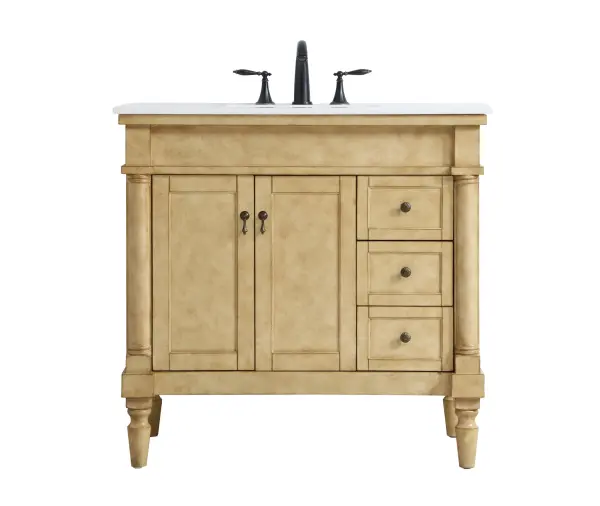 Dimensions
Length: 36"
Width: 21.5"
Height: 35"
Counter Top Length: 36"
Counter Top Width: 21.5"
Counter Top Height: 0.75"
Sink Width: 15.25"
Sink Depth: 11"
Sink Height: 7"
Sink Drain Hole Size: 1.75"
Faucet Hole Spacing: 8"3 Holes"
Specifications
Assembly Required: YES
Base Material: Solid wood and MDF
Counter Top Edge Style: straight
Counter Top Finish: Ivory white
Distressed Finish: Yes
Finish (Color): Antique Bronze
Fixture Material: Solid Wood and MDF
Hardware Finish: Antique bronze
Harware Material: Aluminum alloy
Number of Faucet Holes: 3
Number of Sinks: 1
Product Shape: Rectangle
Product Type: Bathroom Vanities
Product Warranty: 1 year limited
Sink Mounting Type: Undermount
Vanity Backsplash: NO
Vanity Mounting Type: Free-Standing
Weight: 125
Wire Included: No
Wood Type: birch
Shipment type: LTL
US Shipping Cost: $162.00
Drawers
Drawers Included: yes
Number of Drawers: 3
Drawer Width: 9.375
Drawer Depth: 14
Drawer Height: 6.375
Drawer Handle Designs: knobs
Shelves
Number of Shelves: 1
Shelf Width: 19.625
Cabinets
Number of Cabinets: 1
Cabinet Interior Width: 19.625
Cabinet Interior Depth: 16.675
Cabinet Interior Height: 19