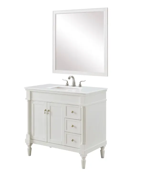 Dimensions
Length: 36"
Width: 21.5"
Height: 35"
Counter Top Length: 36"
Counter Top Width: 21.5"
Counter Top Height: 0.75"
Sink Width: 15.25"
Sink Depth: 11"
Sink Height: 7"
Sink Drain Hole Size: 1.75"
Faucet Hole Spacing: 8"3 Holes"
Specifications
Assembly Required: YES
Base Material: Solid wood and MDF
Counter Top Edge Style: straight
Counter Top Finish: Ivory white
Distressed Finish: Yes
Finish (Color): Antique White
Fixture Material: Solid Wood and MDF
Hardware Finish: Brushed nickel
Harware Material: Aluminum alloy
Number of Faucet Holes: 3
Number of Sinks: 1
Product Shape: Rectangle
Product Type: Bathroom Vanities
Product Warranty: 1 year limited
Sink Mounting Type: Undermount
Vanity Backsplash: NO
Vanity Mounting Type: Free-Standing
Weight: 125
Wire Included: No
Wood Type: birch
Shipment type: LTL
US Shipping Cost: $162.00
Drawers
Drawers Included: yes
Number of Drawers: 3
Drawer Width: 9.375
Drawer Depth: 14
Drawer Height: 6.375
Drawer Handle Designs: knobs
Shelves
Number of Shelves: 1
Shelf Width: 19.625
Cabinets
Number of Cabinets: 1
Cabinet Interior Width: 19.625
Cabinet Interior Depth: 16.675
Cabinet Interior Height: 19