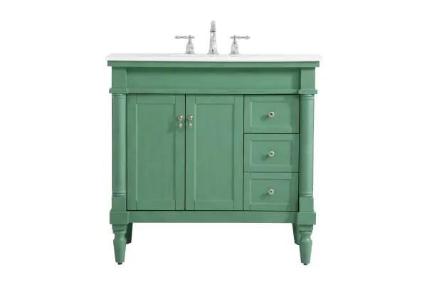 Dimensions
Length: 36"
Width: 21.5"
Height: 35"
Counter Top Length: 36"
Counter Top Width: 21.5"
Counter Top Height: 0.75"
Sink Width: 15.25"
Sink Depth: 11"
Sink Height: 7"
Sink Drain Hole Size: 1.75"
Faucet Hole Spacing: 8"3 Holes"
Specifications
Assembly Required: YES
Base Material: Solid wood and MDF
Counter Top Edge Style: straight
Counter Top Finish: Ivory white
Distressed Finish: Yes
Finish (Color): Vintage Mint
Fixture Material: Solid Wood and MDF
Hardware Finish: Brushed nickel
Harware Material: Aluminum alloy
Number of Faucet Holes: 3
Number of Sinks: 1
Product Shape: Rectangle
Product Type: Bathroom Vanities
Product Warranty: 1 year limited
Sink Mounting Type: Undermount
Vanity Backsplash: NO
Vanity Mounting Type: Free-Standing
Weight: 125
Wire Included: No
Wood Type: birch
Shipment type: LTL
US Shipping Cost: $162.00
Drawers
Drawers Included: yes
Number of Drawers: 3
Drawer Width: 9.375
Drawer Depth: 14
Drawer Height: 6.375
Drawer Handle Designs: knobs
Shelves
Number of Shelves: 1
Shelf Width: 19.625
Cabinets
Number of Cabinets: 1
Cabinet Interior Width: 19.625
Cabinet Interior Depth: 16.675
Cabinet Interior Height: 19