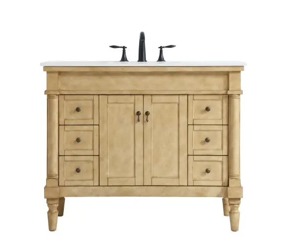 Dimensions
Length: 42"
Width: 21.5"
Height: 35"
Counter Top Length: 42"
Counter Top Width: 21.5"
Counter Top Height: 0.75"
Sink Width: 15.25"
Sink Depth: 11"
Sink Height: 7"
Sink Drain Hole Size: 1.75"
Faucet Hole Spacing: 8"3 Holes"
Specifications
Assembly Required: YES
Base Material: Solid wood and MDF
Counter Top Edge Style: straight
Counter Top Finish: Ivory white
Distressed Finish: Yes
Finish (Color): Antique Beige
Fixture Material: Solid Wood and MDF
Hardware Finish: Antique bronze
Harware Material: Aluminum alloy
Number of Faucet Holes: 3
Number of Sinks: 1
Product Shape: Rectangle
Product Type: Bathroom Vanities
Product Warranty: 1 year limited
Sink Mounting Type: Undermount
Vanity Backsplash: NO
Vanity Mounting Type: Free-Standing
Weight: 163
Wire Included: No
Wood Type: birch
Shipment type: LTL
US Shipping Cost: $161.00
Drawers
Drawers Included: yes
Number of Drawers: 6
Drawer Width: 8.375
Drawer Depth: 14
Drawer Height: 6.375
Drawer Handle Designs: knobs
Shelves
Number of Shelves: 1
Shelf Width: 18.25
Cabinets
Number of Cabinets: 1
Cabinet Interior Width: 18.25
Cabinet Interior Depth: 16.675
Cabinet Interior Height: 19