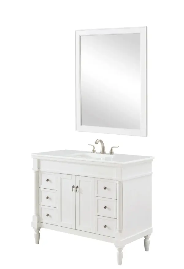 Dimensions
Length: 42"
Width: 21.5"
Height: 35"
Counter Top Length: 42"
Counter Top Width: 21.5"
Counter Top Height: 0.75"
Sink Width: 15.25"
Sink Depth: 11"
Sink Height: 7"
Sink Drain Hole Size: 1.75"
Faucet Hole Spacing: 8"3 Holes"
Specifications
Assembly Required: YES
Base Material: Solid wood and MDF
Counter Top Edge Style: straight
Counter Top Finish: Ivory white
Distressed Finish: Yes
Finish (Color): Antique White
Fixture Material: Solid Wood and MDF
Hardware Finish: Brushed nickel
Harware Material: Aluminum alloy
Number of Faucet Holes: 3
Number of Sinks: 1
Product Shape: Rectangle
Product Type: Bathroom Vanities
Product Warranty: 1 year limited
Sink Mounting Type: Undermount
Vanity Backsplash: NO
Vanity Mounting Type: Free-Standing
Weight: 163
Wire Included: No
Wood Type: birch
Shipment type: LTL
US Shipping Cost: $161.00
Drawers
Drawers Included: yes
Number of Drawers: 6
Drawer Width: 8.375
Drawer Depth: 14
Drawer Height: 6.375
Drawer Handle Designs: knobs
Shelves
Number of Shelves: 1
Shelf Width: 18.25
Cabinets
Number of Cabinets: 1
Cabinet Interior Width: 18.25
Cabinet Interior Depth: 16.675
Cabinet Interior Height: 19