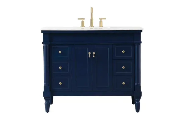 This 42-inch vanity combines classic design with contemporary convenience. The hand-painted blue finish and natural marble top create a sophisticated focal point, while soft-close storage keeps essentials organized.