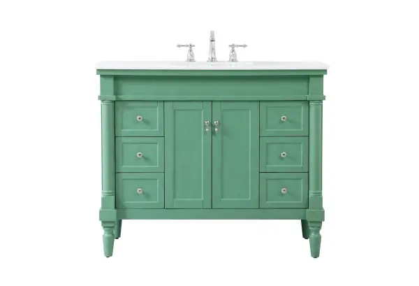 Dimensions
Length: 42"
Width: 21.5"
Height: 35"
Counter Top Length: 42"
Counter Top Width: 21.5"
Counter Top Height: 0.75"
Sink Width: 15.25"
Sink Depth: 11"
Sink Height: 7"
Sink Drain Hole Size: 1.75"
Faucet Hole Spacing: 8"3 Holes"
Specifications
Assembly Required: YES
Base Material: Solid wood and MDF
Counter Top Edge Style: straight
Counter Top Finish: Ivory white
Distressed Finish: Yes
Finish (Color): Vintage Mint
Fixture Material: Solid Wood and MDF
Hardware Finish: Brushed nickel
Harware Material: Aluminum alloy
Number of Faucet Holes: 3
Number of Sinks: 1
Product Shape: Rectangle
Product Type: Bathroom Vanities
Product Warranty: 1 year limited
Sink Mounting Type: Undermount
Vanity Backsplash: NO
Vanity Mounting Type: Free-Standing
Weight: 163
Wire Included: No
Wood Type: birch
Shipment type: LTL
US Shipping Cost: $161.00
Drawers
Drawers Included: yes
Number of Drawers: 6
Drawer Width: 8.375
Drawer Depth: 14
Drawer Height: 6.375
Drawer Handle Designs: knobs
Shelves
Number of Shelves: 1
Shelf Width: 18.25
Cabinets
Number of Cabinets: 1
Cabinet Interior Width: 18.25
Cabinet Interior Depth: 16.675
Cabinet Interior Height: 19