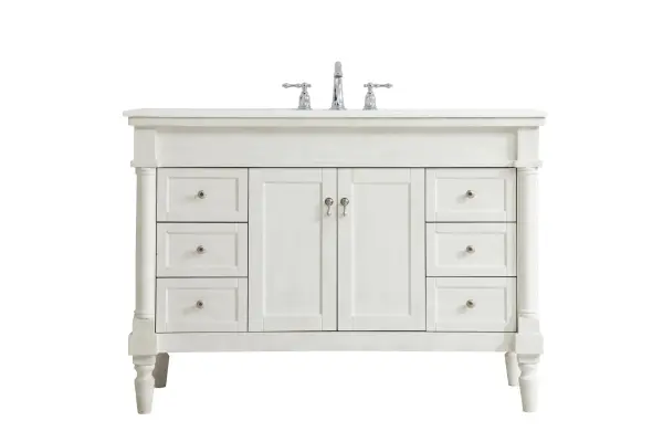 Dimensions
Length: 48"
Width: 21.5"
Height: 35"
Counter Top Length: 48"
Counter Top Width: 21.5"
Counter Top Height: 0.75"
Sink Width: 15.25"
Sink Depth: 11"
Sink Height: 7"
Sink Drain Hole Size: 1.75"
Faucet Hole Spacing: 8"3 Holes"
Specifications
Assembly Required: YES
Base Material: Solid wood and MDF
Counter Top Edge Style: straight
Counter Top Finish: Ivory white
Distressed Finish: Yes
Finish (Color): Antique White
Fixture Material: Solid Wood and MDF
Hardware Finish: Brushed nickel
Harware Material: Aluminum alloy
Number of Faucet Holes: 3
Number of Sinks: 1
Product Shape: Rectangle
Product Type: Bathroom Vanities
Product Warranty: 1 year limited
Sink Mounting Type: Undermount
Vanity Backsplash: NO
Vanity Mounting Type: Free-Standing
Weight: 176
Wire Included: No
Wood Type: birch
Shipment type: LTL
US Shipping Cost: $175.00
Drawers
Drawers Included: yes
Number of Drawers: 6
Drawer Width: 10.375
Drawer Depth: 14
Drawer Height: 6.375
Drawer Handle Designs: knobs
Shelves
Number of Shelves: 1
Shelf Width: 20.25
Cabinets
Number of Cabinets: 1
Cabinet Interior Width: 20.25
Cabinet Interior Depth: 16.675
Cabinet Interior Height: 19