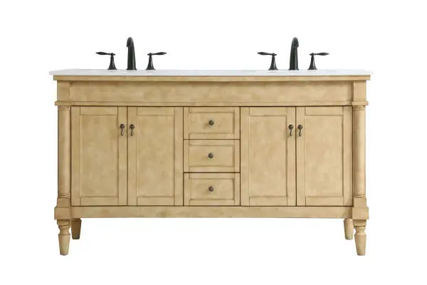 Dimensions
Length: 60"
Width: 21.5"
Height: 35"
Counter Top Length: 60"
Counter Top Width: 21.5"
Counter Top Height: 0.75"
Sink Width: 15.25"
Sink Depth: 11"
Sink Height: 7"
Sink Drain Hole Size: 1.75"
Faucet Hole Spacing: 8"3 Holes"
Specifications
Assembly Required: YES
Base Material: Solid wood and MDF
Counter Top Edge Style: straight
Counter Top Finish: Ivory white
Distressed Finish: Yes
Finish (Color): Antique Beige
Fixture Material: Solid Wood and MDF
Hardware Finish: Antique bronze
Harware Material: Aluminum alloy
Number of Faucet Holes: 6
Number of Sinks: 2
Product Shape: Rectangle
Product Type: Bathroom Vanities
Product Warranty: 1 year limited
Sink Mounting Type: Undermount
Vanity Backsplash: NO
Vanity Mounting Type: Free-Standing
Weight: 189
Wire Included: No
Wood Type: birch
Shipment type: LTL
Drawers
Drawers Included: yes
Number of Drawers: 3
Drawer Width: 10.75
Drawer Depth: 14
Drawer Height: 6.375
Drawer Handle Designs: knobs
Shelves
Number of Shelves: 2
Shelf Width: 21.25
Cabinets
Number of Cabinets: 2
Cabinet Interior Width: 21.25
Cabinet Interior Depth: 16.675
Cabinet Interior Height: 19