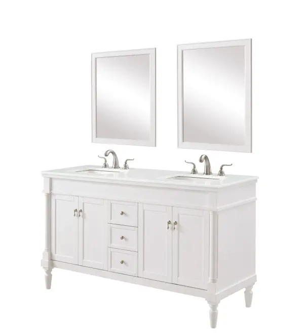 Dimensions
Length: 60"
Width: 21.5"
Height: 35"
Counter Top Length: 60"
Counter Top Width: 21.5"
Counter Top Height: 0.75"
Sink Width: 15.25"
Sink Depth: 11"
Sink Height: 7"
Sink Drain Hole Size: 1.75"
Faucet Hole Spacing: 8"3 Holes"
Specifications
Assembly Required: YES
Base Material: Solid wood and MDF
Counter Top Edge Style: straight
Counter Top Finish: Ivory white
Distressed Finish: Yes
Finish (Color): Antique White
Fixture Material: Solid Wood and MDF
Hardware Finish: Brushed nickel
Harware Material: Aluminum alloy
Number of Faucet Holes: 6
Number of Sinks: 2
Product Shape: Rectangle
Product Type: Bathroom Vanities
Product Warranty: 1 year limited
Sink Mounting Type: Undermount
Vanity Backsplash: NO
Vanity Mounting Type: Free-Standing
Weight: 189
Wire Included: No
Wood Type: birch
Shipment type: LTL
US Shipping Cost: $209.00
Drawers
Drawers Included: yes
Number of Drawers: 3
Drawer Width: 10.75
Drawer Depth: 14
Drawer Height: 6.375
Drawer Handle Designs: knobs
Shelves
Number of Shelves: 2
Shelf Width: 21.25
Cabinets
Number of Cabinets: 2
Cabinet Interior Width: 21.25
Cabinet Interior Depth: 16.675
Cabinet Interior Height: 19