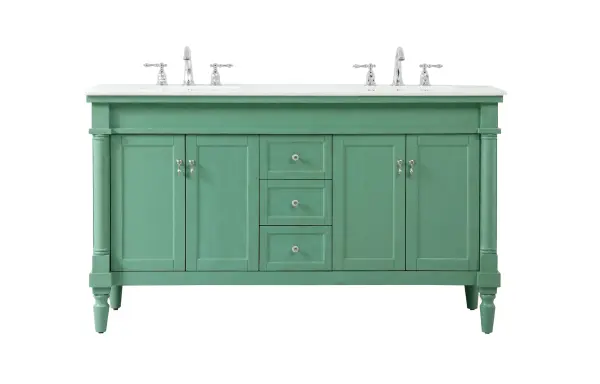 Dimensions
Length: 60"
Width: 21.5"
Height: 35"
Counter Top Length: 60"
Counter Top Width: 21.5"
Counter Top Height: 0.75"
Sink Width: 15.25"
Sink Depth: 11"
Sink Height: 7"
Sink Drain Hole Size: 1.75"
Faucet Hole Spacing: 8"3 Holes"
Specifications
Assembly Required: YES
Base Material: Solid wood and MDF
Counter Top Edge Style: straight
Counter Top Finish: Ivory white
Distressed Finish: Yes
Finish (Color): Vintage Mint
Fixture Material: Solid Wood and MDF
Hardware Finish: Brushed nickel
Harware Material: Aluminum alloy
Number of Faucet Holes: 6
Number of Sinks: 2
Product Shape: Rectangle
Product Type: Bathroom Vanities
Product Warranty: 1 year limited
Sink Mounting Type: Undermount
Vanity Backsplash: NO
Vanity Mounting Type: Free-Standing
Weight: 189
Wire Included: No
Wood Type: birch
Shipment type: LTL
Drawers
Drawers Included: yes
Number of Drawers: 3
Drawer Width: 10.75
Drawer Depth: 14
Drawer Height: 6.375
Drawer Handle Designs: knobs
Shelves
Number of Shelves: 2
Shelf Width: 21.25
Cabinets
Number of Cabinets: 2
Cabinet Interior Width: 21.25
Cabinet Interior Depth: 16.675
Cabinet Interior Height: 19