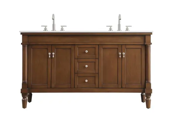 Dimensions
Length: 60"
Width: 21.5"
Height: 35"
Counter Top Length: 60"
Counter Top Width: 21.5"
Counter Top Height: 0.75"
Sink Width: 15.25"
Sink Depth: 11"
Sink Height: 7"
Sink Drain Hole Size: 1.75"
Faucet Hole Spacing: 8"3 Holes"
Specifications
Assembly Required: YES
Base Material: Solid wood and MDF
Counter Top Edge Style: straight
Counter Top Finish: Ivory white
Distressed Finish: Yes
Finish (Color): Walnut
Fixture Material: Solid Wood and MDF
Hardware Finish: Brushed nickel
Harware Material: Aluminum alloy
Number of Faucet Holes: 6
Number of Sinks: 2
Product Shape: Rectangle
Product Type: Bathroom Vanities
Product Warranty: 1 year limited
Sink Mounting Type: Undermount
Vanity Backsplash: NO
Vanity Mounting Type: Free-Standing
Weight: 189
Wire Included: No
Wood Type: birch
Shipment type: LTL
US Shipping Cost: $209.00
Drawers
Drawers Included: yes
Number of Drawers: 3
Drawer Width: 10.75
Drawer Depth: 14
Drawer Height: 6.375
Drawer Handle Designs: knobs
Shelves
Number of Shelves: 2
Shelf Width: 21.25
Cabinets
Number of Cabinets: 2
Cabinet Interior Width: 21.25
Cabinet Interior Depth: 16.675
Cabinet Interior Height: 19
