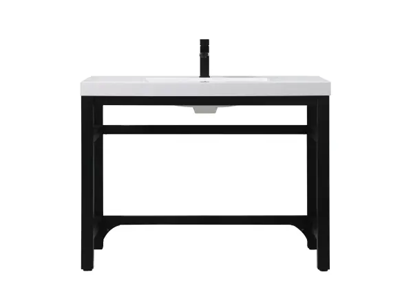 Dimensions
Length: 42"
Width: 22"
Height: 32"
Counter Top Length: 42"
Counter Top Width: 22"
Counter Top Height: 2.4"
Sink Width: 22.4"
Sink Depth: 13.4"
Sink Height: 4"
Sink Drain Hole Size: 1.77"
Specifications
Assembly Required: YES
Base Material: Iron
Counter Top Edge Style: FLAT
Counter Top Finish: White
Distressed Finish: NO
Drain Assembly Included: NO
Faucet Included: NO
Finish (Color): Black
Fixture Material: Iron and Resin
Hardware Finish: Black
Harware Material: iron
Number of Faucet Holes: 1
Number of Sinks: 1
Product Shape: Rectangle
Product Type: Bathroom Vanities
Product Warranty: 1 year limited
Sink Mounting Type: Undermount
Vanity Backsplash: NO
Vanity Mounting Type: Free-Standing
Weight: 74
Wire Included: No
Wood Type: NO
Shipment type: LTL
US Shipping Cost: $181.00
Drawers
Drawers Included: NO
False Drawers: NO
Shelves
Number of Shelves: 0