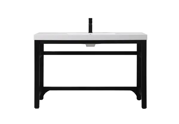 Dimensions
Length: 48"
Width: 22"
Height: 32"
Counter Top Length: 48"
Counter Top Width: 22"
Counter Top Height: 2.4"
Sink Width: 22.4"
Sink Depth: 13.4"
Sink Height: 4"
Sink Drain Hole Size: 1.77"
Specifications
Assembly Required: YES
Base Material: Iron
Counter Top Edge Style: FLAT
Counter Top Finish: White
Distressed Finish: NO
Drain Assembly Included: NO
Faucet Included: NO
Finish (Color): Black
Fixture Material: Iron and Resin
Hardware Finish: Black
Harware Material: iron
Number of Faucet Holes: 1
Number of Sinks: 1
Product Shape: Rectangle
Product Type: Bathroom Vanities
Product Warranty: 1 year limited
Sink Mounting Type: Undermount
Vanity Backsplash: NO
Vanity Mounting Type: Free-Standing
Weight: 80
Wire Included: No
Wood Type: NO
Shipment type: LTL
US Shipping Cost: $169.00
Drawers
Drawers Included: NO
False Drawers: NO
Shelves
Number of Shelves: 0