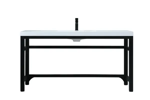 Dimensions
Length: 60"
Width: 22"
Height: 32"
Counter Top Length: 60"
Counter Top Width: 22"
Counter Top Height: 2.4"
Sink Width: 22.4"
Sink Depth: 13.4"
Sink Height: 4"
Sink Drain Hole Size: 1.77"
Faucet Hole Spacing: 3 Hole"
Specifications
Assembly Required: YES
Counter Top Edge Style: FLAT
Counter Top Finish: White
Distressed Finish: NO
Drain Assembly Included: NO
Faucet Included: NO
Finish (Color): Black
Vanity Material: Metal and Resin
Hardware Finish: Black
Harware Material: iron
Number of Faucet Holes: 1
Number of Sinks: 1
Product Shape: Rectangle
Product Type: Bathroom Vanities
Product Warranty: 1 year limited
Sink Mounting Type: Undermount
Vanity Backsplash: NO
Vanity Mounting Type: Free-Standing
Weight: 92
Wire Included: No
Wood Type: NO
Shipment type: LTL
US Shipping Cost: $159.00
Drawers
Drawers Included: NO
False Drawers: NO
Shelves
Number of Shelves: 0