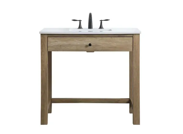 Dimensions
Length: 36"
Width: 21.5"
Height: 34"
Counter Top Length: 36"
Counter Top Width: 21.5"
Counter Top Height: 0.7"
Sink Width: 15.8"
Sink Depth: 10.9"
Sink Height: 7.875"
Sink Drain Hole Size: 1.77"
Faucet Hole Spacing: 8 inch"
Specifications
Assembly Required: KD legs
Counter Top Edge Style: Straight
Counter Top Finish: Calacatta white
Distressed Finish: NO
Drain Assembly Included: NO
Faucet Included: NO
Finish (Color): Natural Oak
Vanity Material: Solid Wood and MDF
Hardware Finish: Black
Harware Material: Aluminium alloy
Number of Faucet Holes: 3
Number of Sinks: 1
Product Shape: Rectangle
Product Type: Bathroom Vanities
Product Warranty: 1 year limited
Sink Mounting Type: Undermount
Vanity Backsplash: NO
Vanity Mounting Type: Free-Standing
Weight: 102
Wire Included: No
Wood Type: Rubberwood
Shipment type: Oversized Ground
US Shipping Cost: $123.00
Drawers
Drawers Included: Yes
Number of Drawers: 1
False Drawers: NO
Drawer Width: 30.3
Drawer Depth: 14
Drawer Height: 5.2
Drawer Handle Designs: Knob
Shelves
Number of Shelves: 0