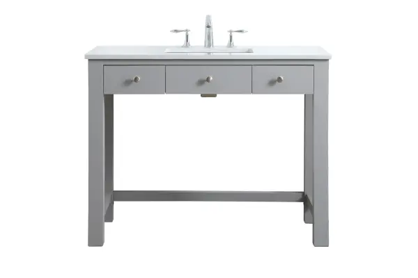 Dimensions
Length: 42"
Width: 21.5"
Height: 34"
Counter Top Length: 42"
Counter Top Width: 21.5"
Counter Top Height: 0.7"
Sink Width: 15.8"
Sink Depth: 10.9"
Sink Height: 7.875"
Sink Drain Hole Size: 1.77"
Faucet Hole Spacing: 8 inch"
Specifications
Assembly Required: KD legs
Counter Top Edge Style: Straight
Counter Top Finish: Calacatta white
Distressed Finish: NO
Drain Assembly Included: NO
Faucet Included: NO
Finish (Color): Grey
Vanity Material: Solid Wood and MDF
Hardware Finish: Brushed nickel
Harware Material: Aluminium alloy
Number of Faucet Holes: 3
Number of Sinks: 1
Product Shape: Rectangle
Product Type: Bathroom Vanities
Product Warranty: 1 year limited
Sink Mounting Type: Undermount
Vanity Backsplash: NO
Vanity Mounting Type: Free-Standing
Weight: 115
Wire Included: No
Wood Type: Rubberwood
Shipment type: Oversized Ground
US Shipping Cost: $129.00
Drawers
Drawers Included: Yes
Number of Drawers: 2
False Drawers: YES
Drawer Width: DW1&DW2:9.53
Drawer Depth: DW1&DW2:14
Drawer Height: DW1&DW2:5.22
Drawer Handle Designs: Knob
Shelves
Number of Shelves: 0