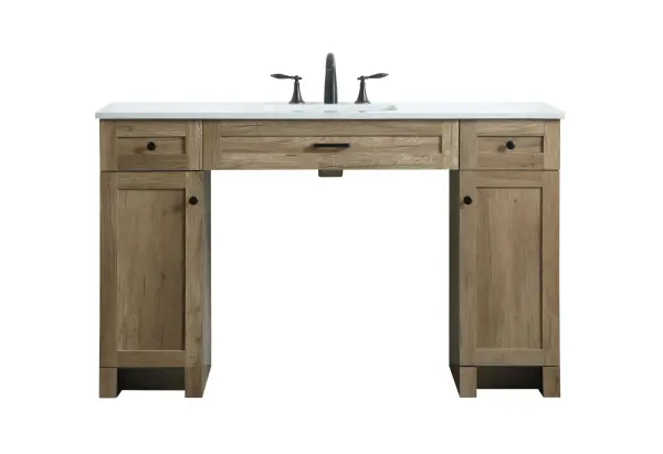 Dimensions
Length: 54"
Width: 19"
Height: 34"
Counter Top Length: 54"
Counter Top Width: 19"
Counter Top Height: 0.7"
Sink Width: 15.8"
Sink Depth: 10.9"
Sink Height: 7.875"
Sink Drain Hole Size: 1.77"
Faucet Hole Spacing: 8 inch"
Specifications
Assembly Required: NO
Counter Top Edge Style: Straight
Counter Top Finish: Calacatta white
Distressed Finish: NO
Drain Assembly Included: NO
Faucet Included: NO
Finish (Color): Natural Oak
Vanity Material: Solid Wood and MDF
Hardware Finish: Black
Harware Material: Aluminium alloy
Number of Faucet Holes: 3
Number of Sinks: 1
Product Shape: Rectangle
Product Type: Bathroom Vanities
Product Warranty: 1 year limited
Sink Mounting Type: Undermount
Vanity Backsplash: NO
Vanity Mounting Type: Free-Standing
Weight: 161
Wire Included: No
Wood Type: Rubberwood
Shipment type: LTL
US Shipping Cost: $228.00
Drawers
Drawers Included: Yes
Number of Drawers: 3
False Drawers: NO
Drawer Width: DW1:11.61
DW2:29.8
Drawer Depth: DW1&DW2:14
Drawer Height: DW1:6.18
DW2:6.18
Drawer Handle Designs: DW1:Knob
DW2:Bar pulls
Shelves
Number of Shelves: 0
Cabinets
Number of Cabinets: 2
Cabinet Interior Width: 11.6
Cabinet Interior Depth: 18
Cabinet Interior Height: 23.5