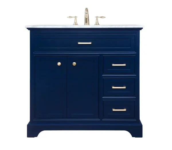 From its Italian Carrara white marble top to its contemporary-styled hand painted blue cabinet, this member of our "Americana" vanity collection is sure to enhance either your home or office bathroom. Beneath its lustrous, natural marble top and an oval, white porcelain under mount sink, is a cabinet with 3 handsome drawers and 2 doors with a Single shelf for all your bathroom essentials, highlighted with recessed panel doors, brushed gold bar handle and knobs, stands on strong solid pedestal feet. A wonderful balance of simplicity and practical function! Measurements: W36"xD21.5"xH35" Collection: Americana Rooms: bathroom Finish: Blue Width: 21.50" Height: 35.00" Length: 36.00" Weight: 132.00 lb Material: Solid wood and MDF Country of Origin: Vietnam Manufacturer Warranty: 1 Year limited Spec Sheet