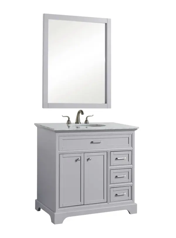 This elegant bathroom vanity combines Italian Carrara marble with hand-painted light grey cabinetry. Features include an oval undermount sink, three drawers, two doors with interior shelf, and brushed steel hardware on solid pedestal feet.