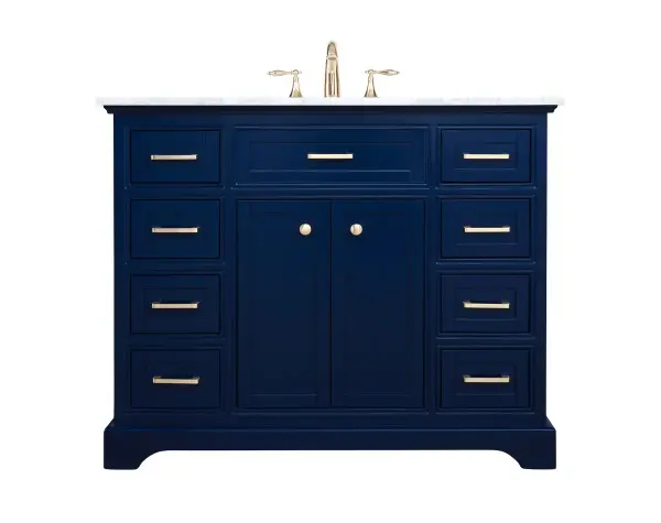 From its Italian Carrara white marble top to its contemporary-styled hand painted blue cabinet, it is sure to enhance either your home or office bathroom. Beneath its lustrous, natural marble top and an oval, white porcelain under mount sink, is a cabinet with 3 handsome drawers on each side and 2 center doors with a Single shelf for all your bathroom essentials, highlighted with recessed panel doors, brushed gold bar handle and knobs, stands on strong solid pedestal feet. A wonderful balance of simplicity and practical function! Measurements: W42"xD21.5"xH35" Collection: Americana Rooms: bathroom Finish: Blue Width: 21.50" Height: 35.00" Length: 42.00" Weight: 176.00 lb Material: Solid wood and MDF Country of Origin: Vietnam Manufacturer Warranty: 1 Year limited Spec Sheet