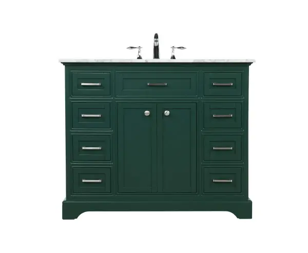 A charming 42-inch vanity that combines traditional design with practical storage. The green finish and carrara white marble top create a fresh, confident look perfect for updating bathrooms and powder rooms.