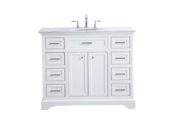 This 42-inch vanity combines timeless elegance with practical functionality. The Italian Carrara marble top and contemporary white cabinet create a clean, sophisticated look while six drawers and center cabinet provide generous storage.