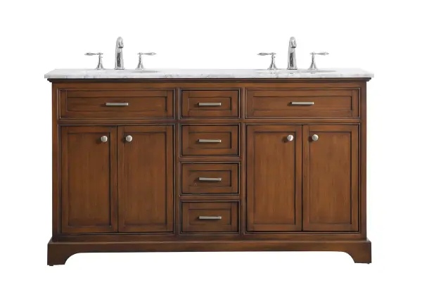 From its Italian Carrara white marble top to its contemporary-styled hand painted teakwood cabinet, this member of our "Americana" vanity collection is sure to enhance either your home or office bathroom. Beneath its lustrous, natural marble top and 2 oval, white porcelain under mount sink, is a cabinet with 4 handsome center drawers and 2 set sof doors with a Single shelf each for all your bathroom essentials, highlighted with recessed panel doors, brushed steel bar handle and knobs, stands on strong solid pedestal feet. A wonderful balance of simplicity and practical function! Measurements: W60"xD21.5"xH35" Collection: Americana Finish: Teak Width: 21.50" Height: 35.00" Length: 60.00" Weight: 210.00 lb Material: Solid wood and MDF Country of Origin: Vietnam Manufacturer Warranty: 1 year limited Spec Sheet