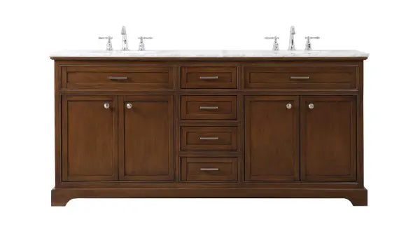 Clean lines and classic form can truly add a fresh look to your bathroom or powder room. This vanity, complemented by round hardware, will surely charm you with its confident style and subtle charisma. This vanity can store all of your bathroom toiletries, from extra towels to make up essentials. The vanity is crowned with carrara white marble and includes a porcelain undermount sink--adding both function and form that will truly amaze. Collection: Americana Rooms: bathroom Finish: teak Width: 21.50" Height: 35.00" Length: 72.00" Weight: 270.00 lb Material: Solid wood, MDF, marble, and porcelain Country of Origin: Vietnam Manufacturer Warranty: 1 year limited Spec Sheet
