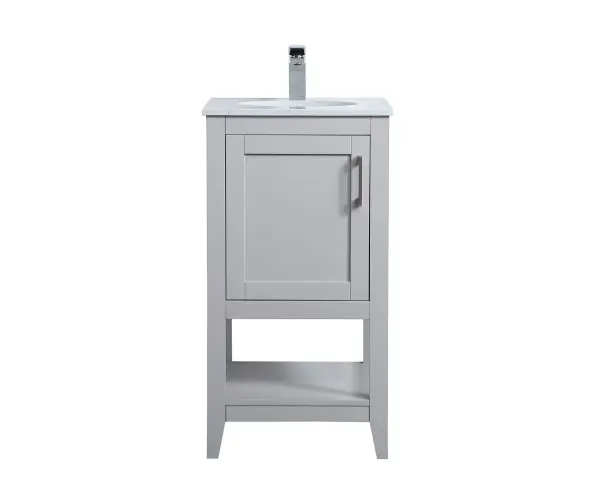 This 18-inch grey vanity combines traditional styling with practical features. The Calacatta engineered marble countertop adds elegance, while the cabinet and open towel rack provide versatile storage for small bathrooms.