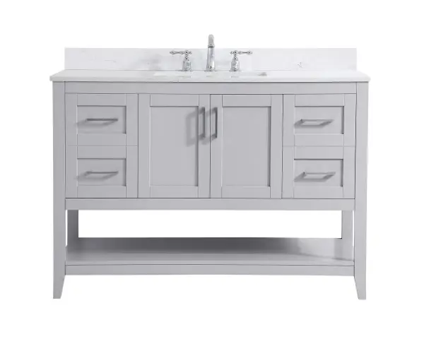 The nonchalant attitude of this 42" traditional grey finish vanity will have you wanting more. The slender brushed nickel handle bars open the center double cabinet and two side cabinet doors to reveal ample storage space to put away and store bathroom essentials, and the open space below allows for you to place clean towels on the rack. Topped with a Calacatta engineered marble countertop, you and your guests will enjoy this easy going vanity. Comes with a matching backsplash to complete the look and protects your wall. Collection: Aubrey Rooms: bathroom Finish: Grey Width: 22.00" Height: 34.00" Length: 48.00" Weight: 162.00 lb Material: Solid wood and MDF Country of Origin: Vietnam Manufacturer Warranty: 1 year limited Spec Sheet