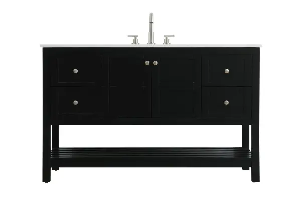 Dimensions
Length: 54"
Width: 22"
Height: 34"
Counter Top Length: 54"
Counter Top Width: 22"
Counter Top Height: 0.75"
Sink Width: 17.13"
Sink Depth: 11.61"
Sink Height: 7"
Sink Drain Hole Size: 1.75"
Faucet Hole Spacing: 8"3 Holes"
Specifications
Assembly Required: NO
Base Material: Solid wood and MDF
Counter Top Edge Style: straight
Counter Top Finish: calacatta white
Distressed Finish: no
Drain Assembly Included: No
Faucet Included: No
Finish (Color): Black
Vanity Material: Solid Wood and MDF
Hardware Finish: Brushed nickel
Harware Material: Aluminum alloy
F
Number of Faucet Holes: 3
Number of Sinks: 1
Product Shape: Rectangle
Product Type: Bathroom Vanities
Product Warranty: 1 year limited
Sink Mounting Type: Undermount
Vanity Backsplash: NO
Vanity Mounting Type: Free-Standing
Weight: 202
Wire Included: No
Wood Type: Rubber wood
Shipment type: LTL
US Shipping Cost: $237.00
Drawers
Drawers Included: yes
Number of Drawers: 4
Drawer Width: 12.25
Drawer Depth: 15
Drawer Height: 7.75
Drawer Handle Designs: knobs
Shelves
Number of Shelves: 1
Shelf Width: 54
Cabinets
Number of Cabinets: 1
Cabinet Interior Width: 24.5
Cabinet Interior Depth: 21.5
Cabinet Interior Height: 15.5