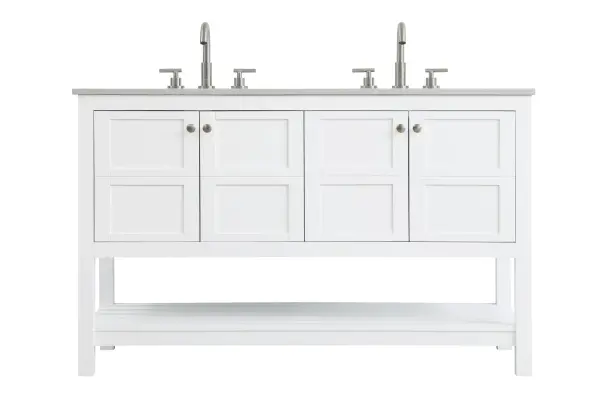 The Theo vanity combines timeless design with practical luxury. Features a calacatta marble countertop, porcelain undermount sink, four cabinet doors with brushed nickel hardware, and a slatted shelf for towel storage.