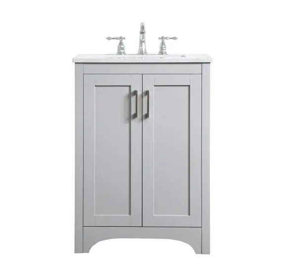 The refined simplicity of this 24" grey finish vanity creates a peaceful, yet stylish, atmosphere. Its traditional modernity adds a mature beauty that will elevate any bathroom or powder room--the Calacatta engineered marble counter top adds refined luxe while the brushed nickel handle bars open the two cabinet doors, revealing ample storage space to store and hide away an assortment of bathroom essentials. Whether your home is large or small, this vanity will surely fit in well. Collection: Moore Rooms: bathroom Finish: Grey Width: 19.00" Height: 34.00" Length: 24.00" Weight: 82.00 lb Country of Origin: Vietnam Manufacturer Warranty: 1 year limited Spec Sheet