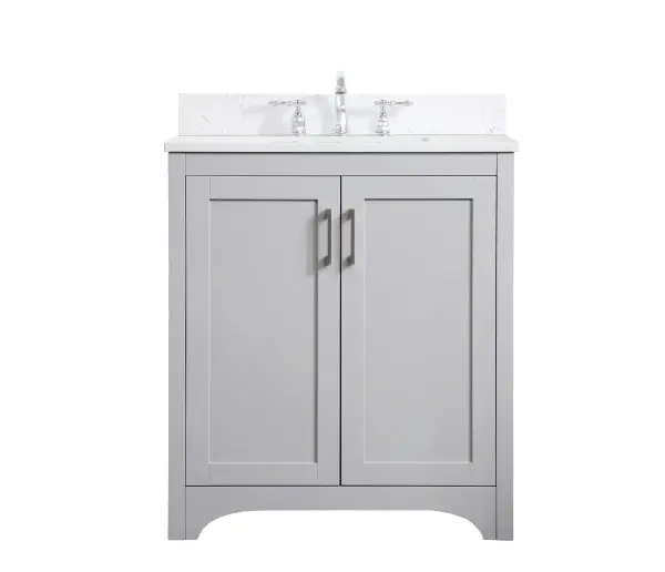 The refined simplicity of this 30" grey finish vanity creates a peaceful, yet stylish, atmosphere. Its traditional modernity adds a mature beauty that will elevate any bathroom or powder room--the Calacatta engineered marble counter top adds refined luxe while the brushed nickel handle bars open the two cabinet doors, revealing ample storage space to store and hide away an assortment of bathroom essentials. Whether your home is large or small, this vanity will surely fit in well. Comes with a matching backsplash to complete the look and protects your wall. Collection: Moore Rooms: bathroom Finish: Grey Width: 19.00" Height: 34.00" Length: 30.00" Weight: 96.00 lb Material: MDF Country of Origin: Vietnam Manufacturer Warranty: 1 year limited Spec Sheet