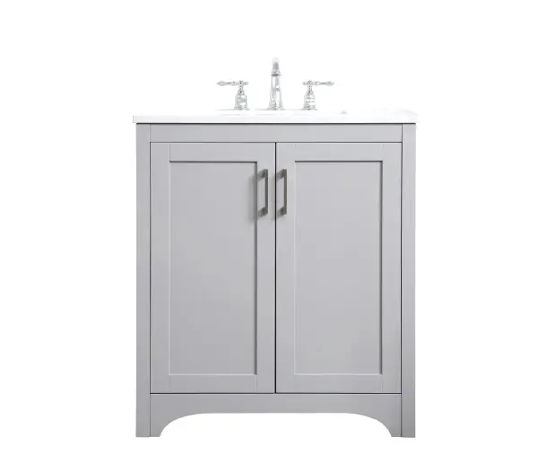 The refined simplicity of this 30" grey finish vanity creates a peaceful, yet stylish, atmosphere. Its traditional modernity adds a mature beauty that will elevate any bathroom or powder room--the Calacatta engineered marble counter top adds refined luxe while the brushed nickel handle bars open the two cabinet doors, revealing ample storage space to store and hide away an assortment of bathroom essentials. Whether your home is large or small, this vanity will surely fit in well. Collection: Moore Rooms: bathroom Finish: Grey Width: 19.00" Height: 34.00" Length: 30.00" Weight: 96.00 lb Country of Origin: Vietnam Manufacturer Warranty: 1 year limited Spec Sheet