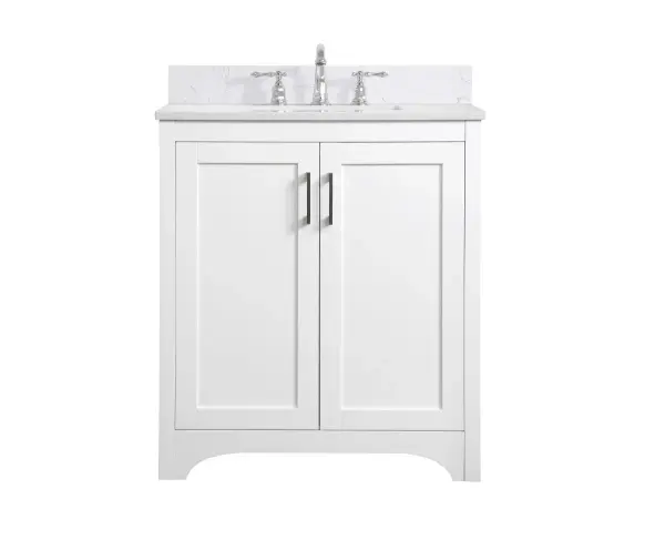 The refined simplicity of this 30" white finish vanity creates a peaceful, yet stylish, atmosphere. Its traditional modernity adds a mature beauty that will elevate any bathroom or powder room--the Calacatta engineered marble counter top adds refined luxe while the brushed nickel handle bars open the two cabinet doors, revealing ample storage space to store and hide away an assortment of bathroom essentials. Whether your home is large or small, this vanity will surely fit in well. Comes with a matching backsplash to complete the look and protects your wall. Collection: Moore Rooms: bathroom Finish: White Width: 19.00" Height: 34.00" Length: 30.00" Weight: 96.00 lb Material: MDF Country of Origin: Vietnam Manufacturer Warranty: 1 year limited Spec Sheet