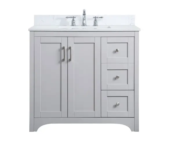 The refined simplicity of this 36" grey finish vanity creates a peaceful, yet stylish, atmosphere. Its traditional modernity adds a mature beauty that will elevate any bathroom or powder room--the Calacatta engineered marble counter top adds refined luxe while the brushed nickel handle bars open the double cabinet doors and 2 side drawers, revealing ample storage space to store and hide away an assortment of bathroom essentials. Whether your home is large or small, this vanity will surely fit in well. Comes with a matching backsplash to complete the look and protects your wall. Collection: Moore Rooms: bathroom Finish: Grey Width: 22.00" Height: 34.00" Length: 36.00" Weight: 156.00 lb Material: MDF Country of Origin: Vietnam Manufacturer Warranty: 1 year limited Spec Sheet