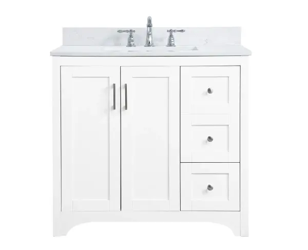 The refined simplicity of this 36" white finish vanity creates a peaceful, yet stylish, atmosphere. Its traditional modernity adds a mature beauty that will elevate any bathroom or powder room--the Calacatta engineered marble counter top adds refined luxe while the brushed nickel handle bars open the double cabinet doors and 2 side drawers, revealing ample storage space to store and hide away an assortment of bathroom essentials. Whether your home is large or small, this vanity will surely fit in well. Comes with a matching backsplash to complete the look and protects your wall. Collection: Moore Rooms: bathroom Finish: White Width: 22.00" Height: 34.00" Length: 36.00" Weight: 156.00 lb Material: MDF Country of Origin: Vietnam Manufacturer Warranty: 1 year limited Spec Sheet
