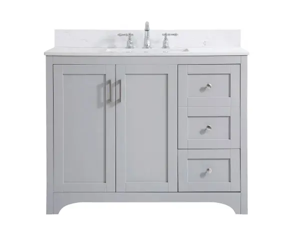 The refined simplicity of this 42" grey finish vanity creates a peaceful, yet stylish, atmosphere. Its traditional modernity adds a mature beauty that will elevate any bathroom or powder room--the Calacatta engineered marble counter top adds refined luxe while the brushed nickel handle bars open the double cabinet doors and 2 side drawers, revealing ample storage space to store and hide away an assortment of bathroom essentials. Whether your home is large or small, this vanity will surely fit in well. Comes with a matching backsplash to complete the look and protects your wall. Collection: Moore Rooms: bathroom Finish: Grey Width: 22.00" Height: 34.00" Length: 42.00" Weight: 166.00 lb Material: MDF Country of Origin: Vietnam Manufacturer Warranty: 1 year limited Spec Sheet