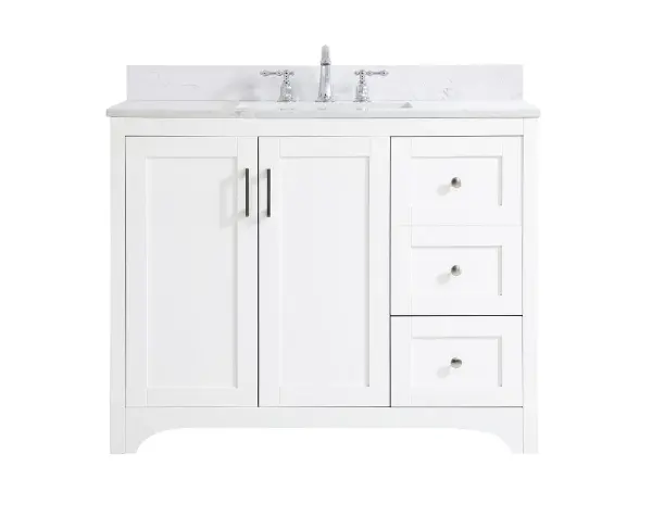 The refined simplicity of this 42" white finish vanity creates a peaceful, yet stylish, atmosphere. Its traditional modernity adds a mature beauty that will elevate any bathroom or powder room--the Calacatta engineered marble counter top adds refined luxe while the brushed nickel handle bars open the double cabinet doors and 2 side drawers, revealing ample storage space to store and hide away an assortment of bathroom essentials. Whether your home is large or small, this vanity will surely fit in well. Comes with a matching backsplash to complete the look and protects your wall. Collection: Moore Rooms: bathroom Finish: White Width: 22.00" Height: 34.00" Length: 42.00" Weight: 166.00 lb Material: MDF Country of Origin: Vietnam Manufacturer Warranty: 1 year limited Spec Sheet