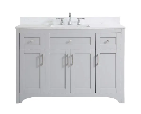 The refined simplicity of this 48" grey finish vanity creates a peaceful, yet stylish, atmosphere. Its traditional modernity adds a mature beauty that will elevate any bathroom or powder room--the Calacatta engineered marble counter top adds refined luxe while the brushed nickel handle bars open the 4 cabinet doors and 2 upper drawers, revealing ample storage space to store and hide away an assortment of bathroom essentials. Whether your home is large or small, this vanity will surely fit in well. Comes with a matching backsplash to complete the look and protects your wall. Collection: Moore Rooms: bathroom Finish: Grey Width: 22.00" Height: 34.00" Length: 48.00" Weight: 191.00 lb Material: MDF Country of Origin: Vietnam Manufacturer Warranty: 1 year limited Spec Sheet