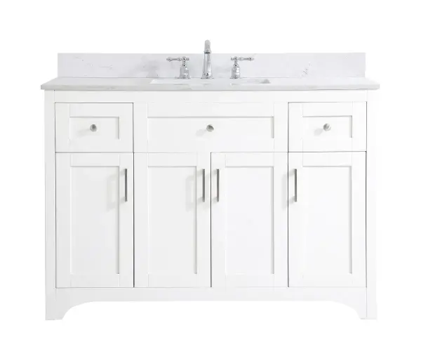 The refined simplicity of this 48" white finish vanity creates a peaceful, yet stylish, atmosphere. Its traditional modernity adds a mature beauty that will elevate any bathroom or powder room--the Calacatta engineered marble counter top adds refined luxe while the brushed nickel handle bars open the 4 cabinet doors and 2 upper drawers, revealing ample storage space to store and hide away an assortment of bathroom essentials. Whether your home is large or small, this vanity will surely fit in well. Comes with a matching backsplash to complete the look and protects your wall. Collection: Moore Rooms: bathroom Finish: White Width: 22.00" Height: 34.00" Length: 48.00" Weight: 191.00 lb Material: MDF Country of Origin: Vietnam Manufacturer Warranty: 1 year limited Spec Sheet