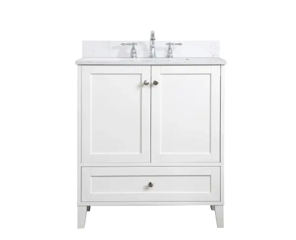 While unassuming, this 30" vanity in a white finish sure knows how to redefine luxury. The sleek brushed nickel knobs adorn the two cabinet doors and base drawer which allows you to store your bathroom toiletries and necessities. Standing strong on oblique legs and dressed with a calacatta engineered marble countertop, this vanity will surely create beauty and casual elegance in your bathroom or powder room. Comes with a matching backsplash to complete the look and protects your wall. Collection: Sommerville Rooms: bathroom Finish: White Width: 19.00" Height: 34.00" Length: 30.00" Weight: 110.00 lb Material: MDF Country of Origin: Vietnam Manufacturer Warranty: 1 year limited Spec Sheet
