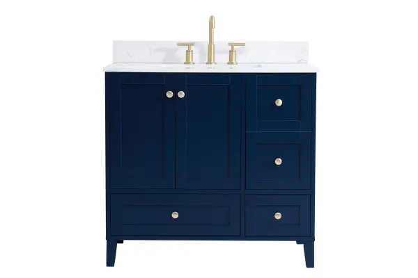 While unassuming, this 36" vanity in a Blue finish sure knows how to redefine luxury. The sleek gold knobs adorn the double cabinet doors and 3 drawers which allow you to store your bathroom toiletries and necessities. Standing strong on oblique legs and dressed with a Calacatta engineered marble countertop, this vanity will surely create beauty and casual elegance in your bathroom or powder room. Comes with a matching backsplash to complete the look and protects your wall. Collection: Sommerville Rooms: bathroom Finish: Blue Width: 22.00" Height: 34.00" Length: 36.00" Weight: 166.00 lb Material: MDF Country of Origin: Vietnam Manufacturer Warranty: 1 year limited Spec Sheet