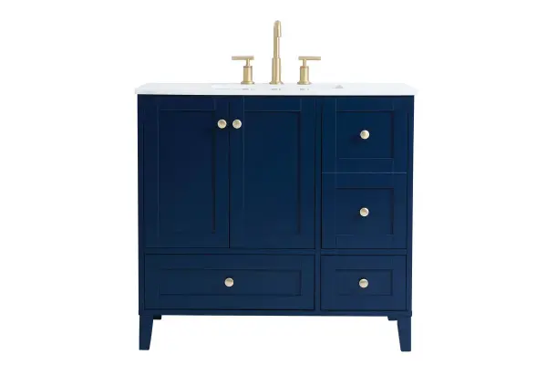 While unassuming, this 36" vanity in a Blue finish sure knows how to redefine luxury. The sleek gold knobs adorn the double cabinet doors and 3 drawers which allow you to store your bathroom toiletries and necessities. Standing strong on oblique legs and dressed with a Calacatta engineered marble countertop, this vanity will surely create beauty and casual elegance in your bathroom or powder room. Collection: Sommerville Rooms: bathroom Finish: Blue Width: 22.00" Height: 34.00" Length: 36.00" Weight: 166.00 lb Material: mdf and engineered marble and porcelain and metal Country of Origin: Vietnam Manufacturer Warranty: 1 year limited Spec Sheet