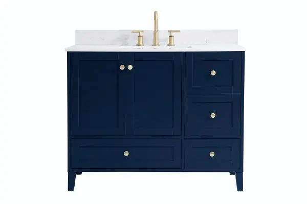 While unassuming, this 42" vanity in a Blue finish sure knows how to redefine luxury. The sleek gold knobs adorn the double cabinet doors and 3 drawers which allow you to store your bathroom toiletries and necessities. Standing strong on oblique legs and dressed with a Calacatta engineered marble countertop, this vanity will surely create beauty and casual elegance in your bathroom or powder room. Comes with a matching backsplash to complete the look and protects your wall. Collection: Sommerville Rooms: bathroom Finish: Blue Width: 22.00" Height: 34.00" Length: 42.00" Weight: 179.00 lb Material: MDF Country of Origin: Vietnam Manufacturer Warranty: 1 year limited Spec Sheet