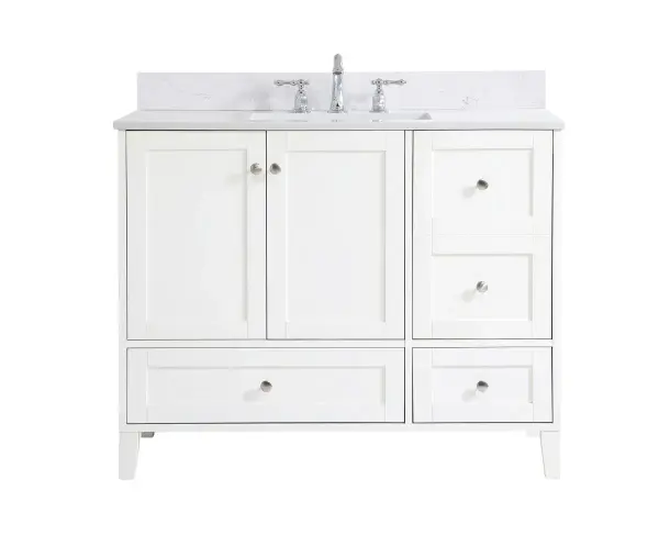 While unassuming, this 42" vanity in a white finish sure knows how to redefine luxury. The sleek brushed nickel knobs adorn the double cabinet doors and 3 drawers which allow you to store your bathroom toiletries and necessities. Standing strong on oblique legs and dressed with a Calacatta engineered marble countertop, this vanity will surely create beauty and casual elegance in your bathroom or powder room. Comes with a matching backsplash to complete the look and protects your wall. Collection: sommerville Rooms: bathroom Finish: White Width: 22.00" Height: 34.00" Length: 42.00" Weight: 179.00 lb Material: MDF Country of Origin: Vietnam Manufacturer Warranty: 1 year limited Spec Sheet