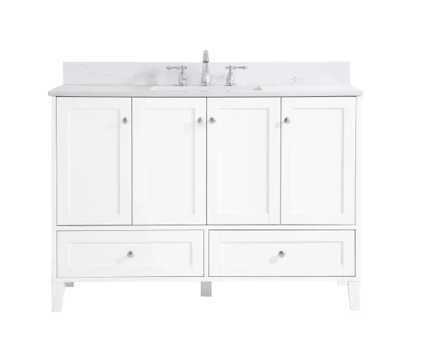 While unassuming, this 48" vanity in a white finish sure knows how to redefine luxury. The sleek brushed nickel knobs adorn the 4 cabinet doors and 2 bottom drawers which allow you to store your bathroom toiletries and necessities. Standing strong on oblique legs and dressed with a Calacatta engineered marble countertop, this vanity will surely create beauty and casual elegance in your bathroom or powder room. Comes with a matching backsplash to complete the look and protects your wall. Collection: sommerville Rooms: bathroom Finish: White Width: 22.00" Height: 34.00" Length: 48.00" Weight: 198.00 lb Material: MDF Country of Origin: Vietnam Manufacturer Warranty: 1 year limited Spec Sheet