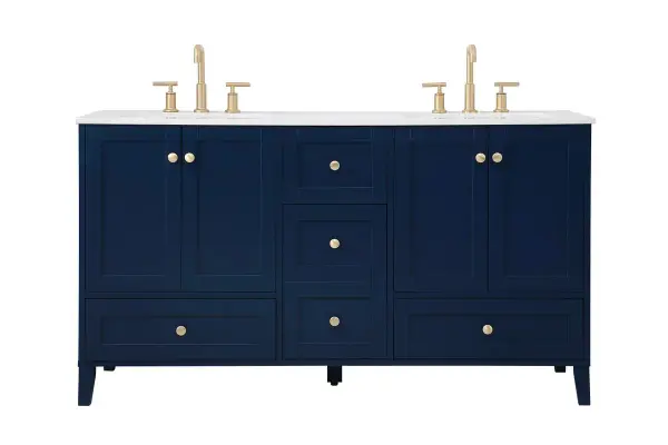 While unassuming, this 60" double sink vanity in a Blue finish sure knows how to redefine luxury. The sleek gold knobs adorn the 4 cabinet doors and 4 drawers which allow you to store your bathroom toiletries and necessities. Standing strong on oblique legs and dressed with a Calacatta engineered marble countertop, this vanity will surely create beauty and casual elegance in your bathroom or powder room. Collection: Sommerville Rooms: bathroom Finish: Blue Width: 22.00" Height: 34.00" Length: 60.00" Weight: 254.00 lb Material: mdf and engineered marble and porcelain and metal Country of Origin: Vietnam Manufacturer Warranty: 1 year limited Spec Sheet