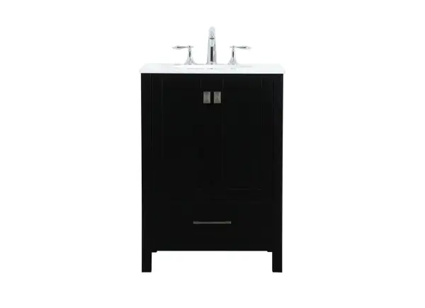 Never compromise beauty--the Irene collection stunning vanity in this finish will add lovely sophistication and complement any bathroom or powder room, while utilizing its charm and function to provide you with ample storage spaces. Brushed nickel pulls gently adorn the minimalist cabinet doors and drawers at the base, allowing for you to store away your bathroom essentials. The calacatta engineered marble countertop, porcelain undermount sink, dignified subtle engravings on the side edges, and squared legs all come together to create contemporary beauty. Work with your space, and design a beautiful room, no matter the size. Collection: Irene Rooms: bathroom Finish: black Width: 19.00" Height: 34.00" Length: 24.00" Weight: 80.00 lb Material: MDF Country of Origin: Vietnam Manufacturer Warranty: 1 year limited Spec Sheet